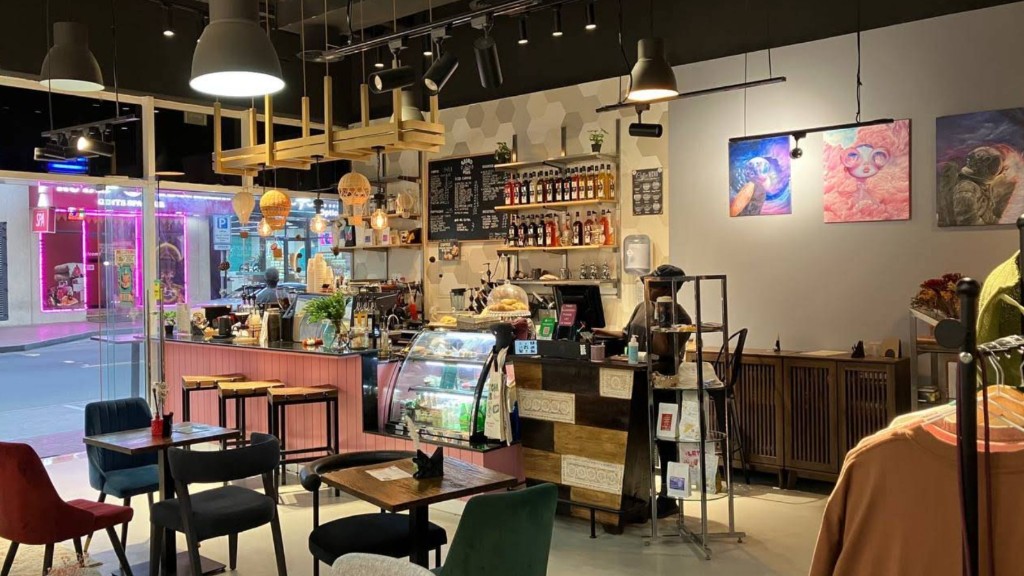 Cafe interior with ambient lighting